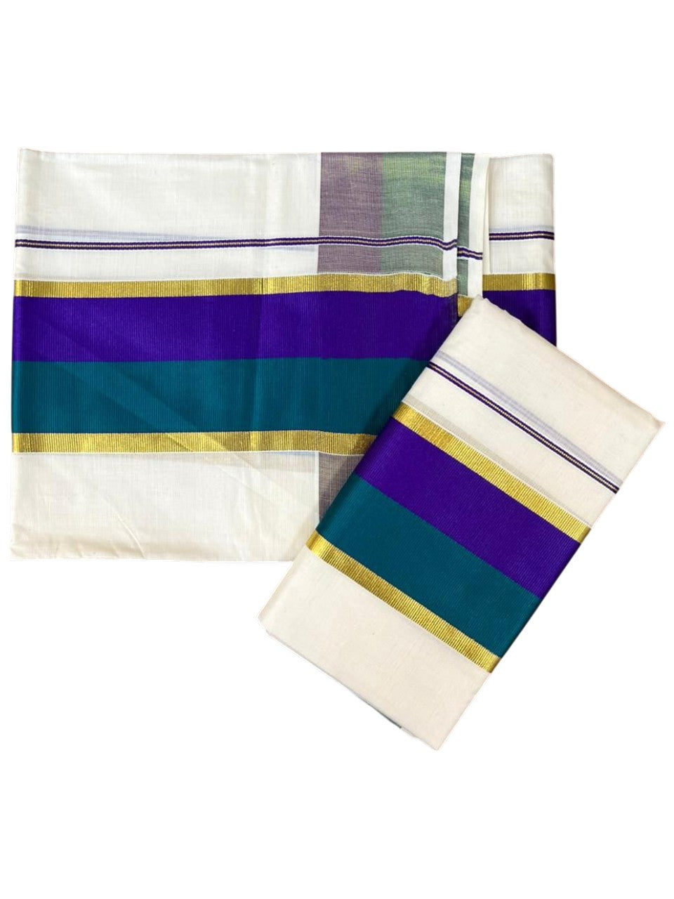 Southloom Cotton Set Mund With Kasavu Border In Peacock blue & Violet With Tassels In 2.80 mtrs SL465