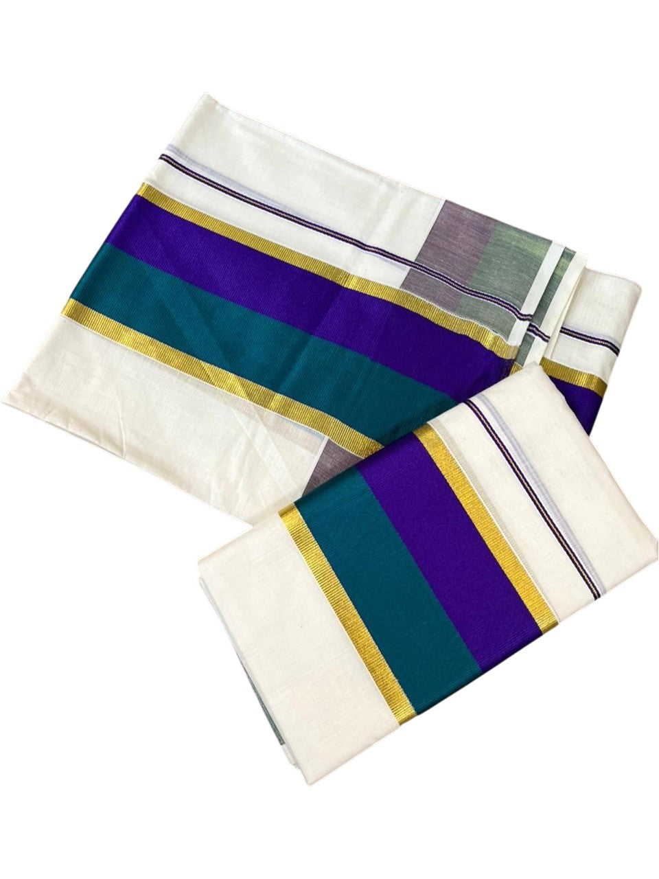 Southloom Cotton Set Mund With Kasavu Border In Peacock blue & Violet With Tassels In 2.80 mtrs SL465
