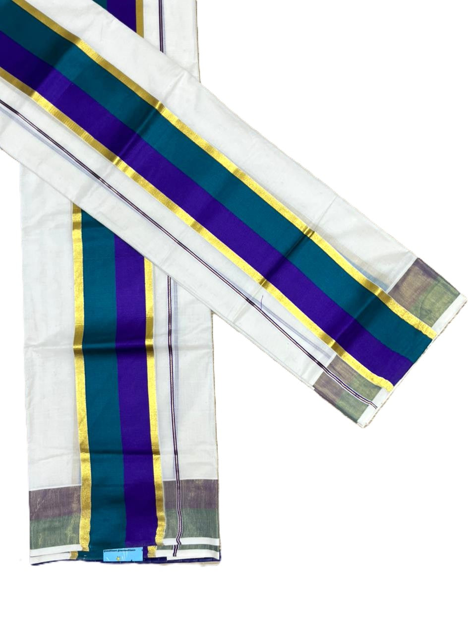 Southloom Cotton Set Mund With Kasavu Border In Peacock blue & Violet With Tassels In 2.80 mtrs SL465