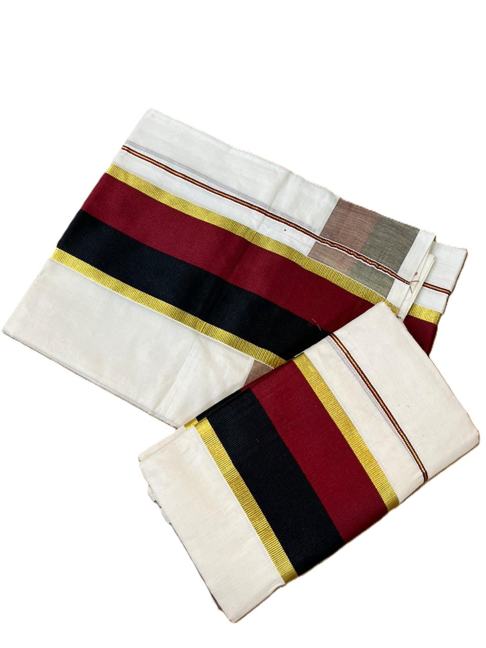 Southloom Cotton Set Mund With Kasavu Border In Black & Maroon With Tassels In 2.80 mtrs SL465