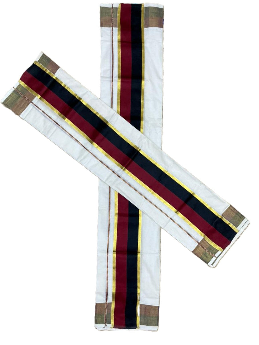 Southloom Cotton Set Mund With Kasavu Border In Black & Maroon With Tassels In 2.80 mtrs SL465