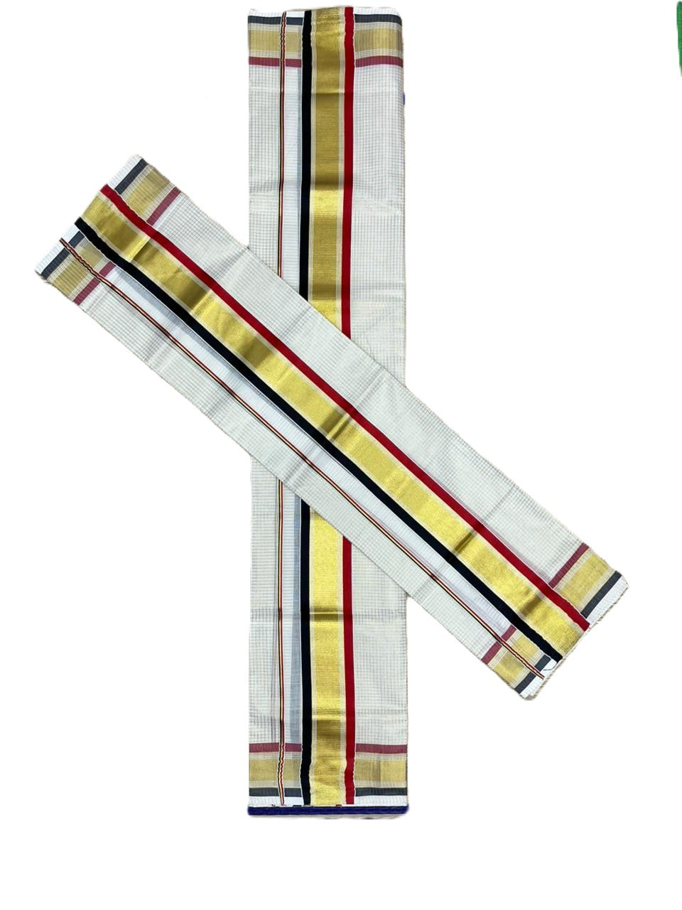 Southloom Pure Cotton Set Mundu with Gold Kasavu Micro Check Across Body in Black and Red SL466