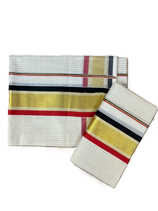 Southloom Pure Cotton Set Mundu with Gold Kasavu Micro Check Across Body in Black and Red SLKK SL466