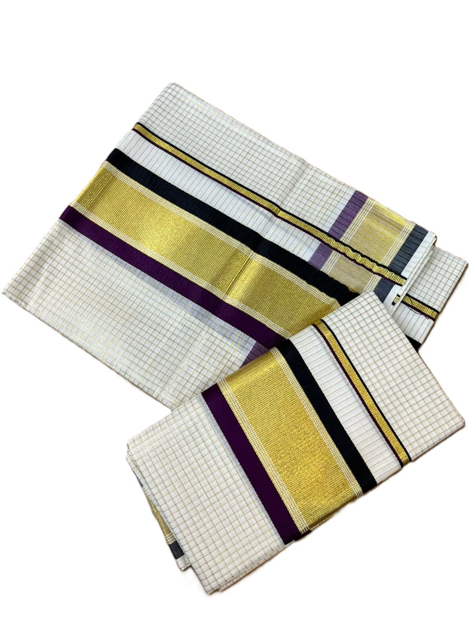 Southloom Pure Cotton Set Mundu with Gold Kasavu Micro Check Across Body in Purple and Black SL466