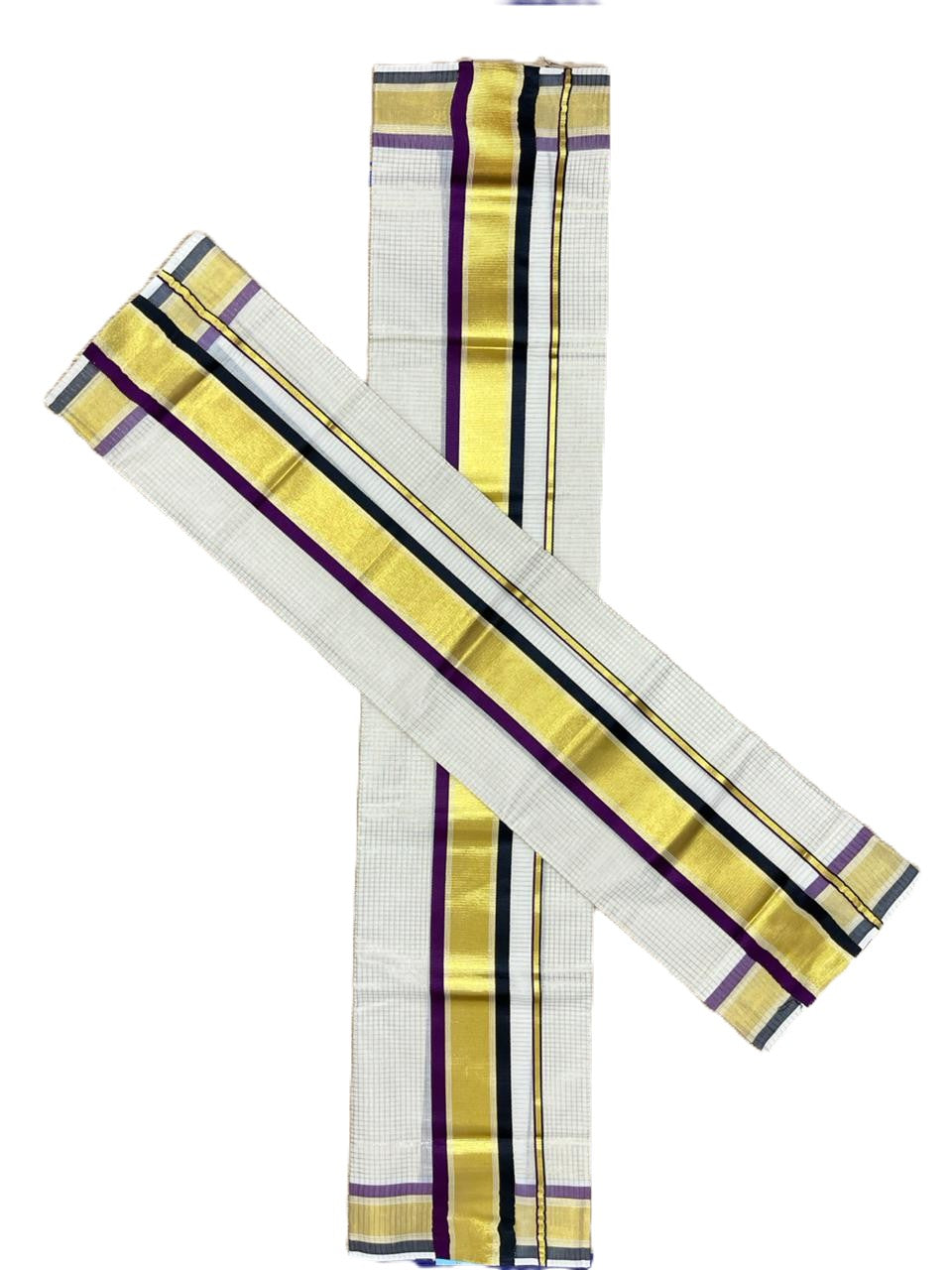Southloom Pure Cotton Set Mundu with Gold Kasavu Micro Check Across Body in Purple and Black SL466