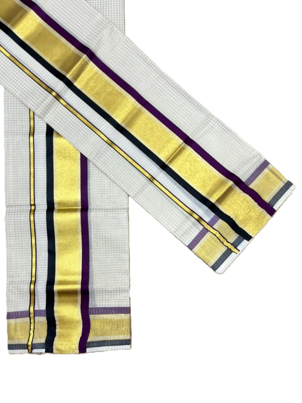 Southloom Pure Cotton Set Mundu with Gold Kasavu Micro Check Across Body in Purple and Black SL466