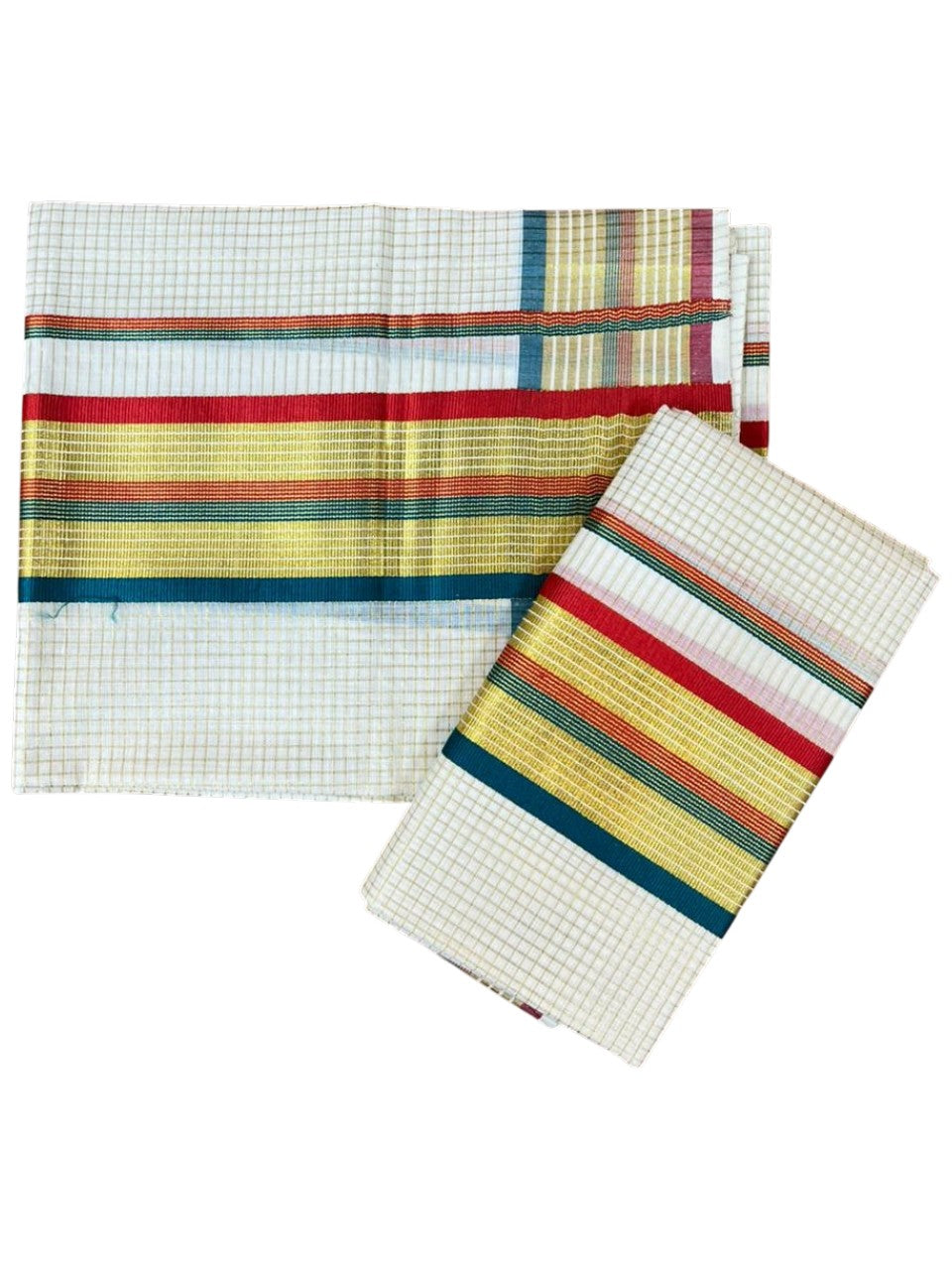 Southloom Pure Cotton Set Mundu with Gold Kasavu Micro Check Across Body in Peacock Green and Red SLKK SL447