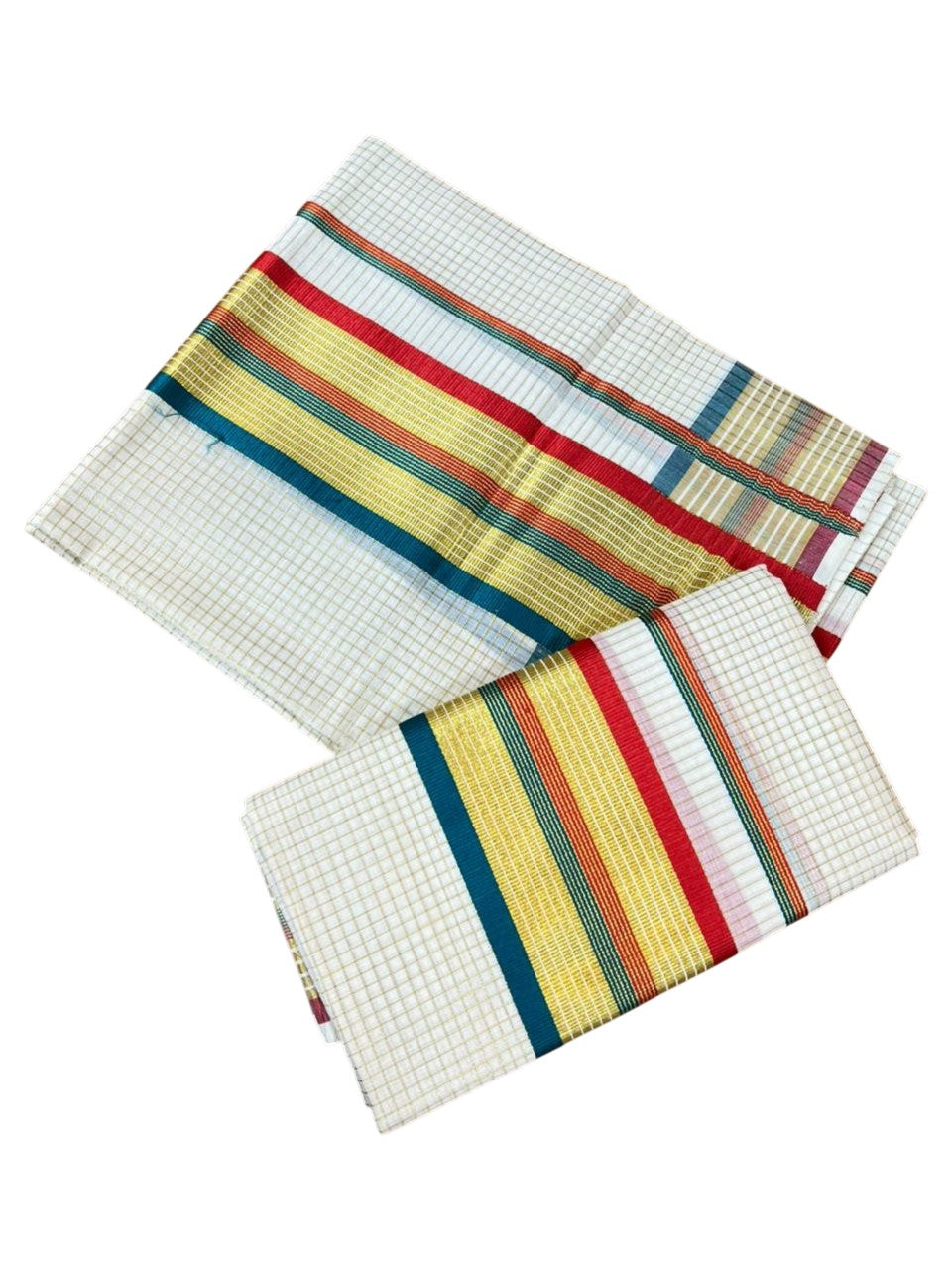 Southloom Pure Cotton Set Mundu with Gold Kasavu Micro Check Across Body in Peacock Green and Red SLKK SL447