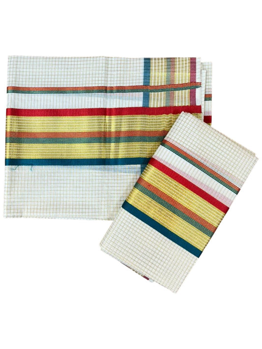 Southloom Pure Cotton Set Mundu with Gold Kasavu Micro Check Across Body in Peacock Green and Red SLKK SL447
