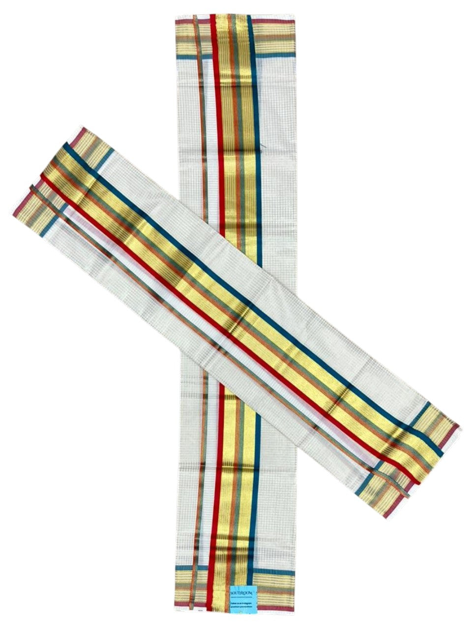 Southloom Pure Cotton Set Mundu with Gold Kasavu Micro Check Across Body in Peacock Green and Red SLKK SL447