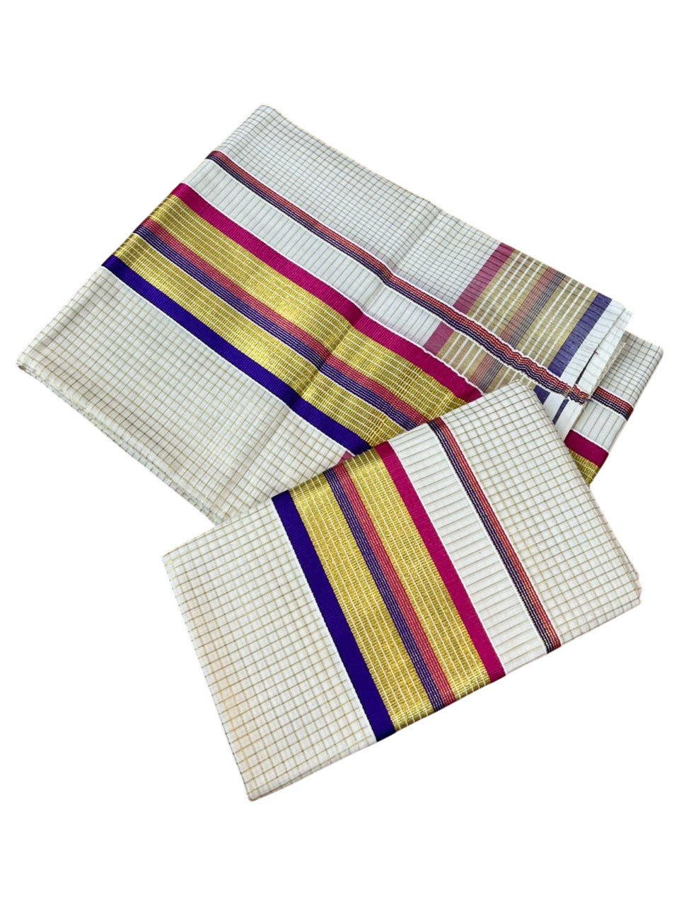 Southloom Pure Cotton Set Mundu with Gold Kasavu Micro Check Across Body in Violet and Magenta SLKK SL447