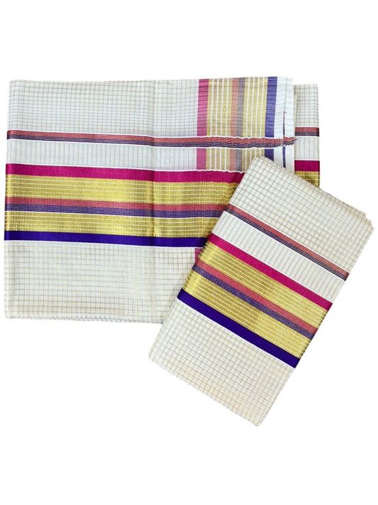 Southloom Pure Cotton Set Mundu with Gold Kasavu Micro Check Across Body in Violet and Magenta SLKK SL447