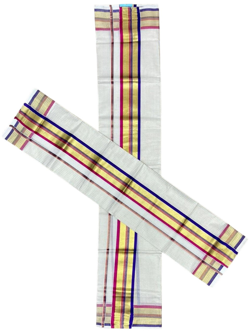 Southloom Pure Cotton Set Mundu with Gold Kasavu Micro Check Across Body in Violet and Magenta SLKK SL447