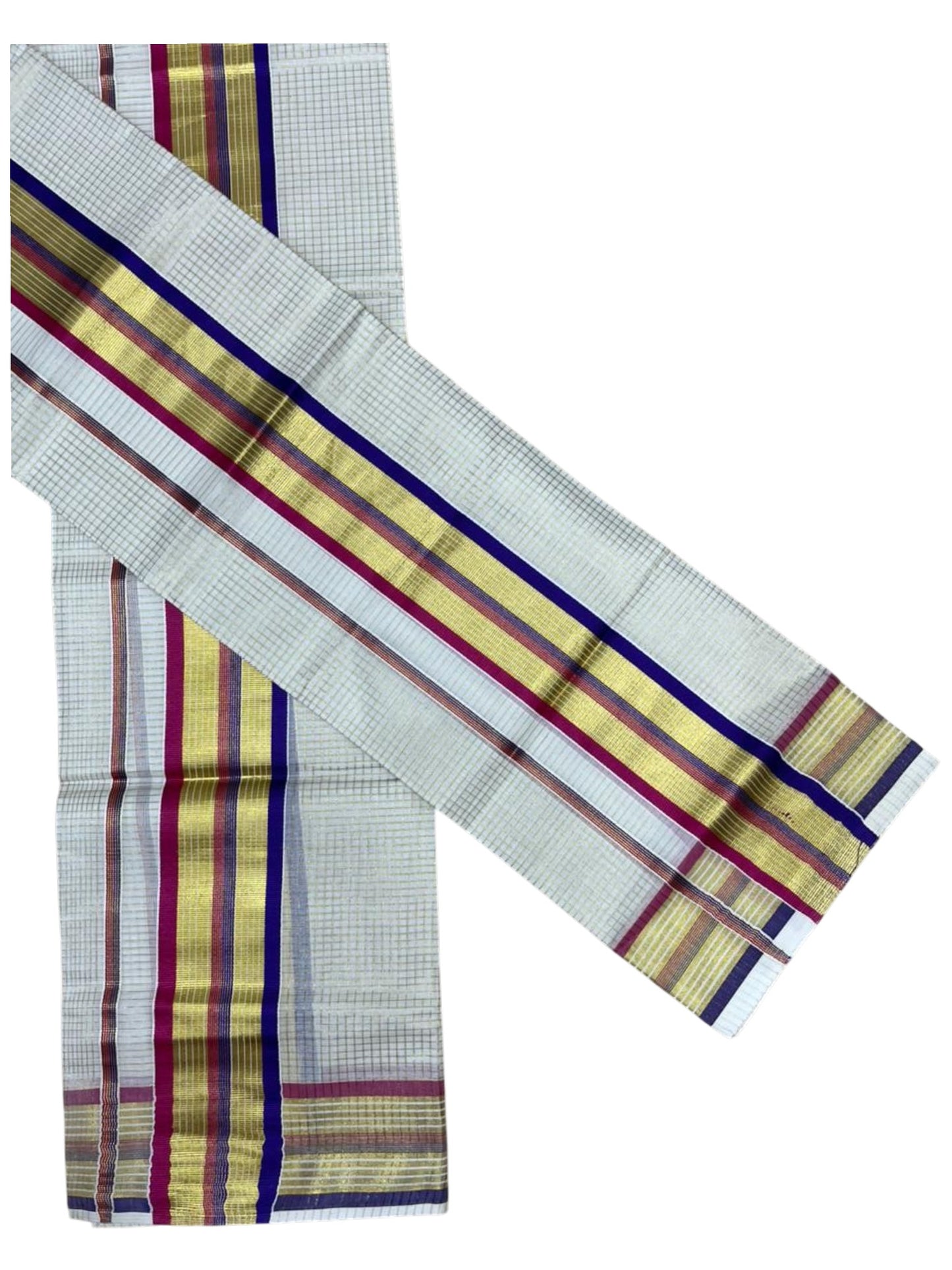 Southloom Pure Cotton Set Mundu with Gold Kasavu Micro Check Across Body in Violet and Magenta SLKK SL447