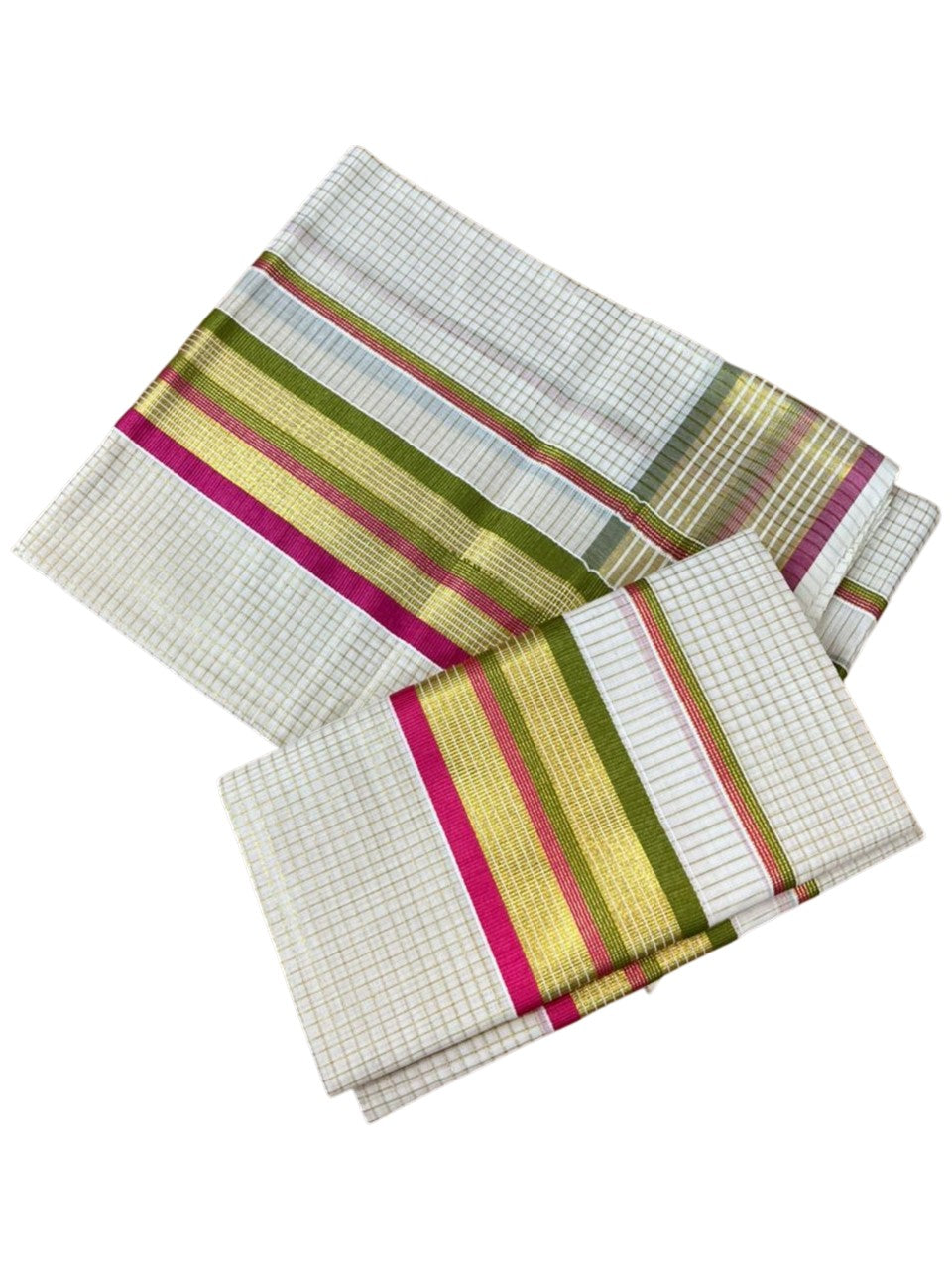 Southloom Pure Cotton Set Mundu with Gold Kasavu Micro Check Across Body in Olive Green and Magenta SLKK SL447