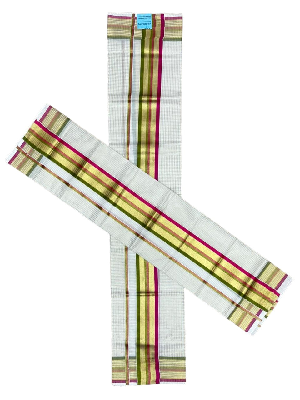 Southloom Pure Cotton Set Mundu with Gold Kasavu Micro Check Across Body in Olive Green and Magenta SLKK SL447