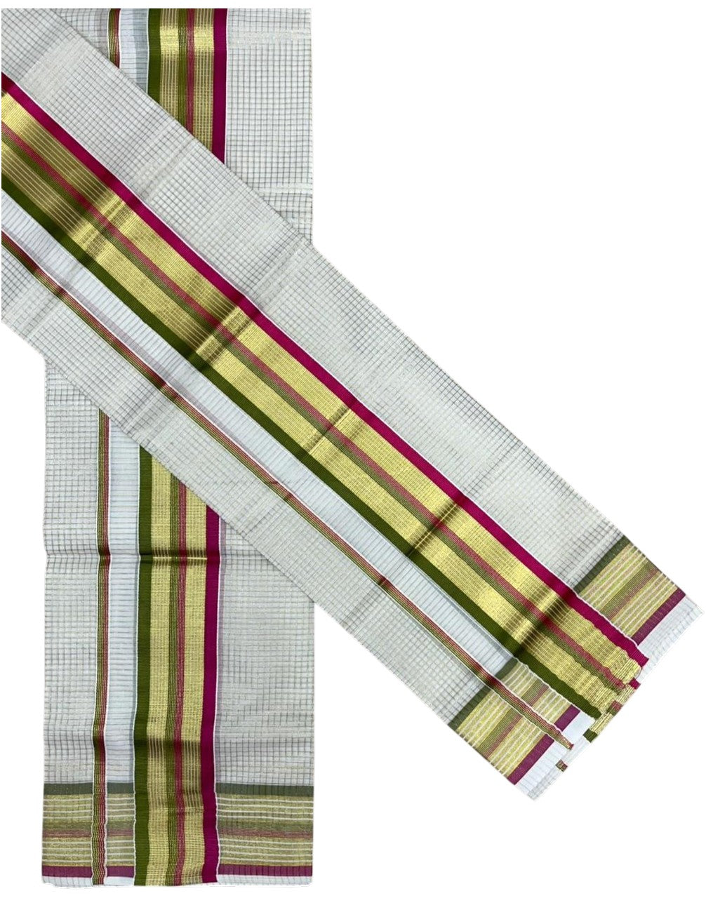 Southloom Pure Cotton Set Mundu with Gold Kasavu Micro Check Across Body in Olive Green and Magenta SLKK SL447