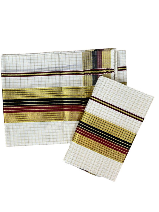 Southloom Kerala Cotton Single Set Mundu (Mundum Neriyathum) with Check Design in Red and Black 2.80 Mtrs SLKK SL467