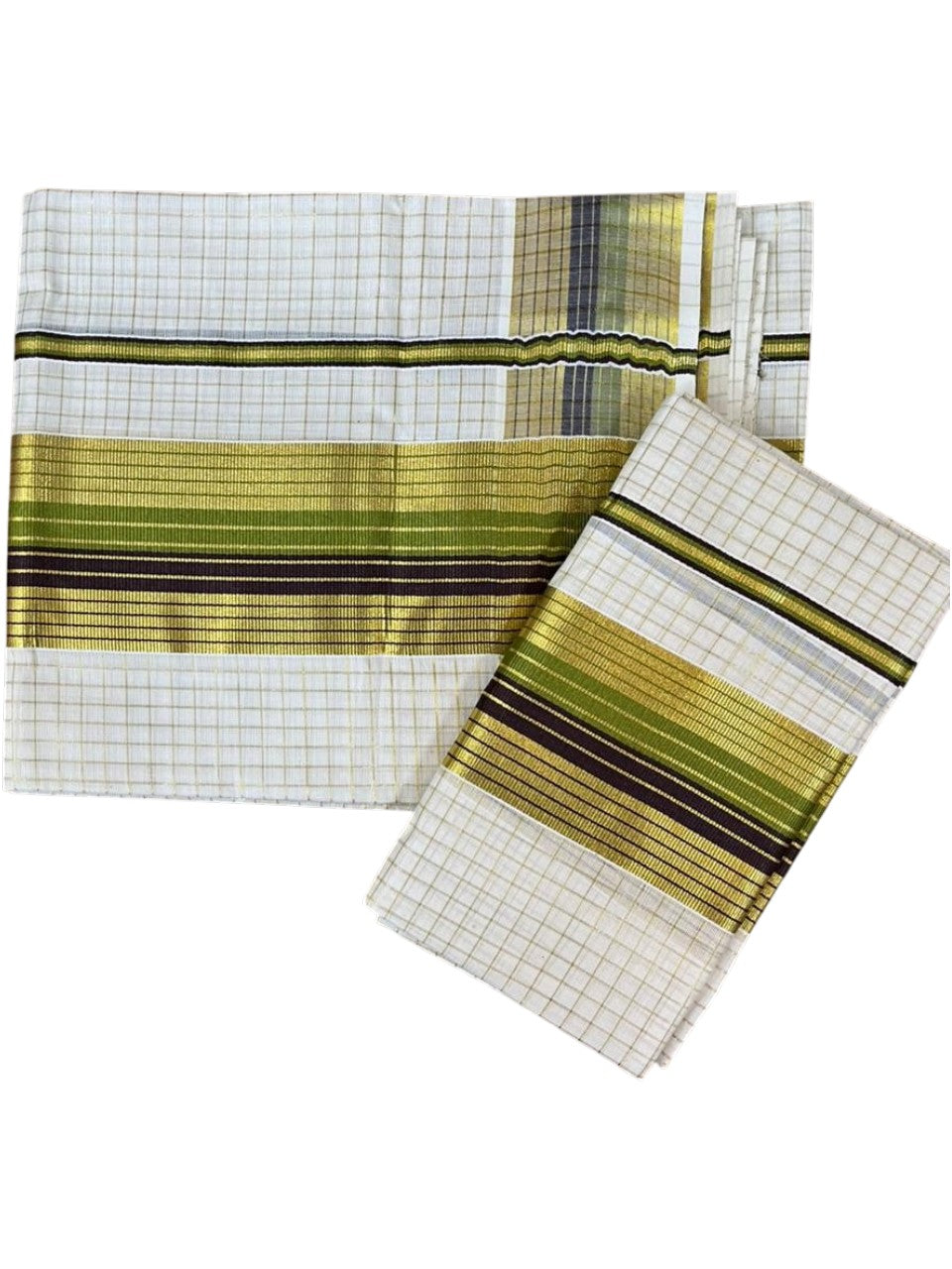 Southloom Kerala Cotton Single Set Mundu (Mundum Neriyathum) with Check Design in Brown and Olive Green 2.80 Mtrs SL467