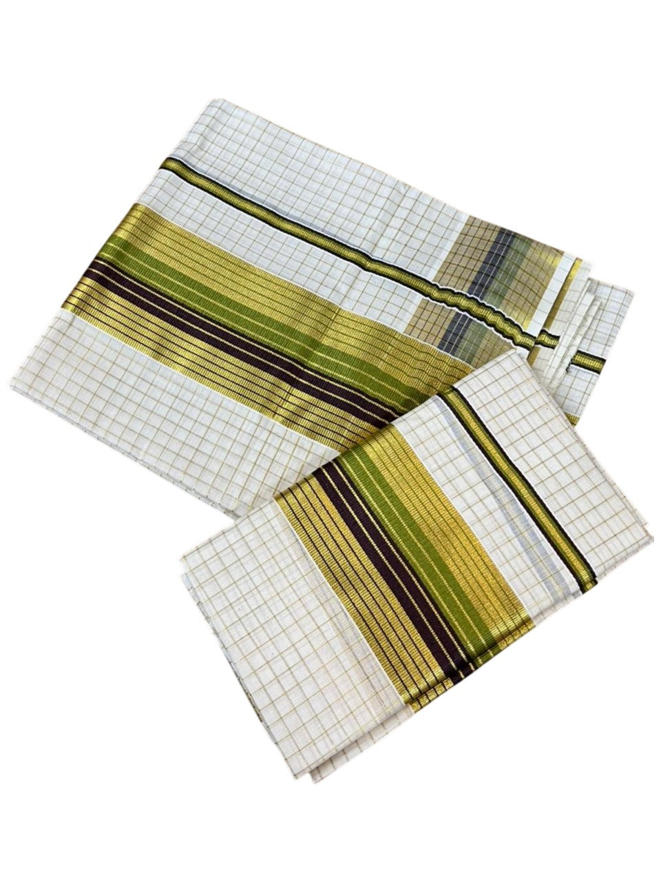 Southloom Kerala Cotton Single Set Mundu (Mundum Neriyathum) with Check Design in Brown and Olive Green 2.80 Mtrs SL467