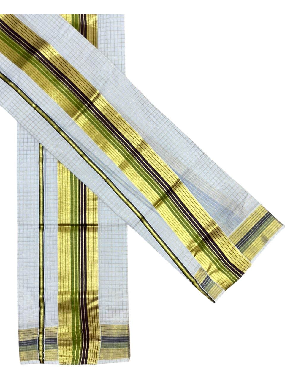 Southloom Kerala Cotton Single Set Mundu (Mundum Neriyathum) with Check Design in Brown and Olive Green 2.80 Mtrs SL467