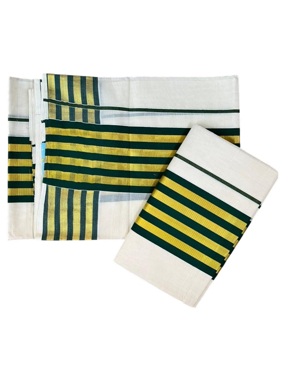 Southloom Cotton Single Kasavu Set Mundu (Mundu Neriyathum) With Gold Kasavu and Green Border 2.80 Mtrs SL463