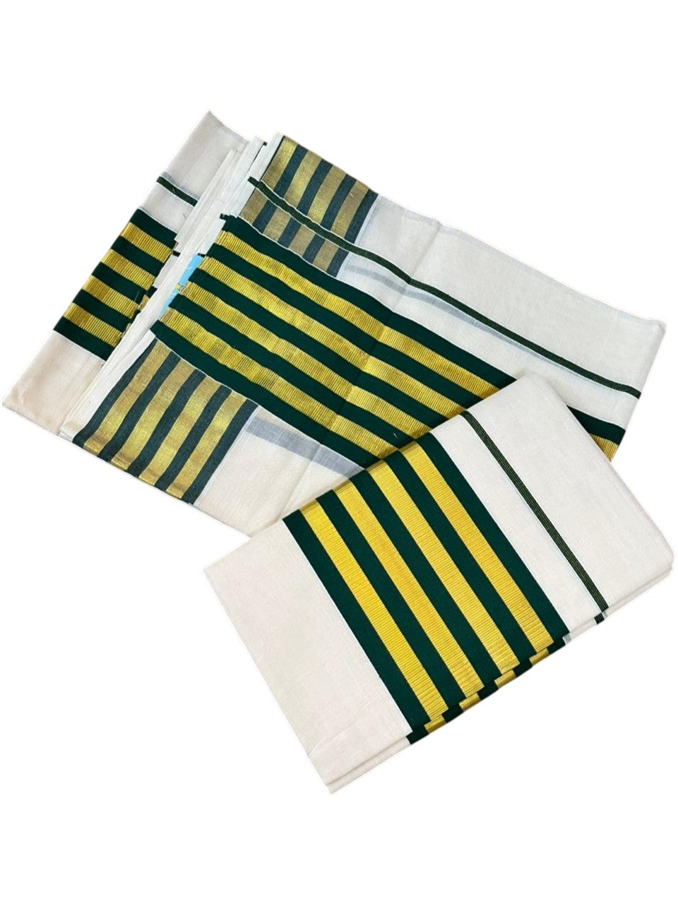 Southloom Cotton Single Kasavu Set Mundu (Mundu Neriyathum) With Gold Kasavu and Green Border 2.80 Mtrs SL463