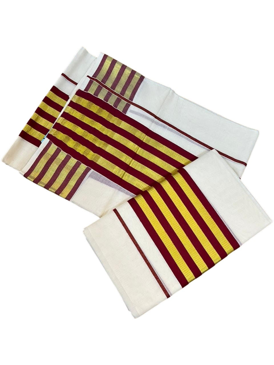 Southloom Cotton Single Kasavu Set Mundu (Mundu Neriyathum) With Gold Kasavu and Maroon Border 2.80 Mtrs SL463