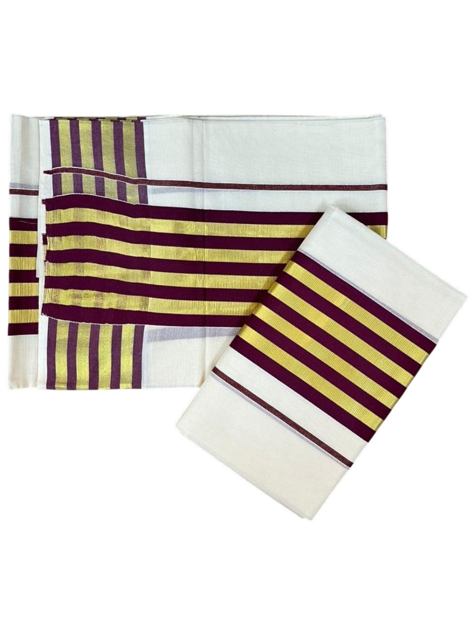 Southloom Cotton Single Kasavu Set Mundu (Mundu Neriyathum) With Gold Kasavu and Purple Border 2.80 Mtrs SL463