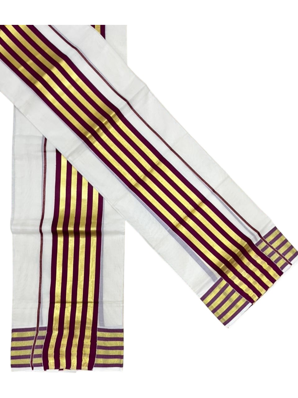 Southloom Cotton Single Kasavu Set Mundu (Mundu Neriyathum) With Gold Kasavu and Purple Border 2.80 Mtrs SL463