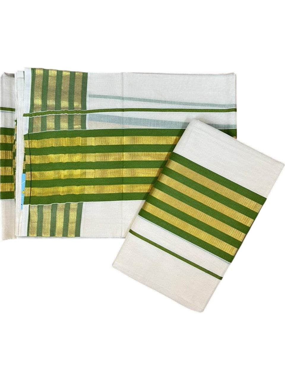 Southloom Cotton Single Kasavu Set Mundu (Mundu Neriyathum) With Gold Kasavu and Olive Green Border 2.80 Mtrs SL463