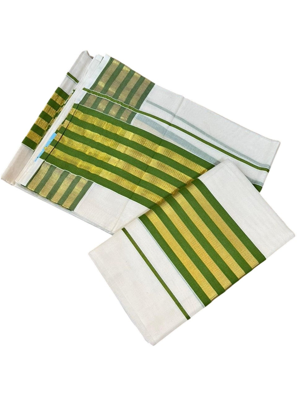 Southloom Cotton Single Kasavu Set Mundu (Mundu Neriyathum) With Gold Kasavu and Olive Green Border 2.80 Mtrs SL463