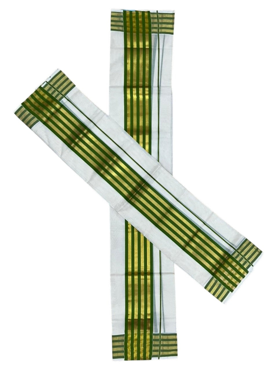 Southloom Cotton Single Kasavu Set Mundu (Mundu Neriyathum) With Gold Kasavu and Olive Green Border 2.80 Mtrs SL463