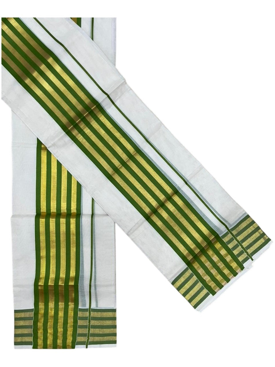 Southloom Cotton Single Kasavu Set Mundu (Mundu Neriyathum) With Gold Kasavu and Olive Green Border 2.80 Mtrs SL463