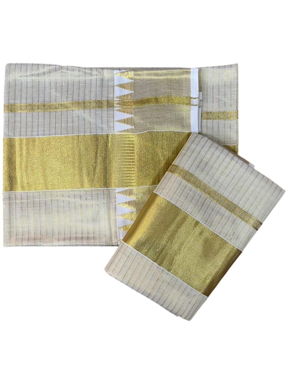 Southloom Kerala Tissue Single Check Set Mundu (Mundum Neriyathum) with Temple Border in 2.80 Mtrs SL464