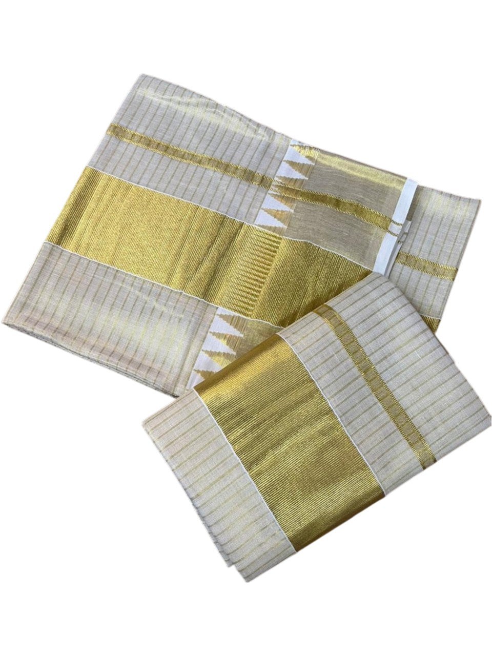 Southloom Kerala Tissue Single Check Set Mundu (Mundum Neriyathum) with Temple Border in 2.80 Mtrs SL464