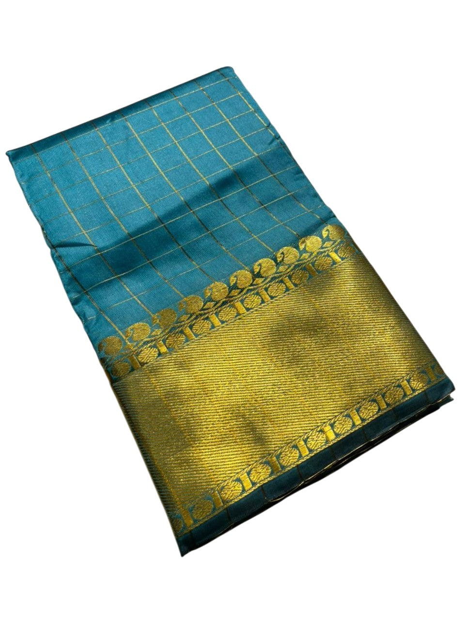 Southloom Kerala Semi Silk Saree With Check Design In Peacock Green