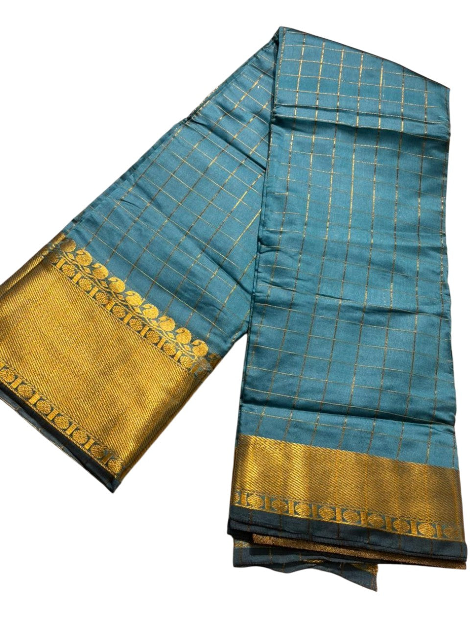 Southloom Kerala Semi Silk Saree With Check Design In Peacock Green