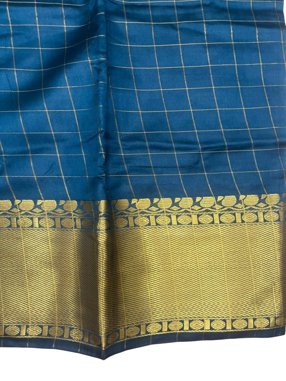 Southloom Kerala Semi Silk Saree With Check Design In Peacock Green