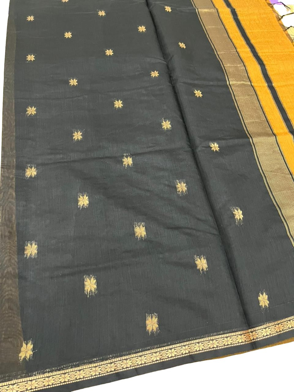 Southloom Maheshwari Cotton Saree With Woven Works on Body in Mustard Yellow and Black SL471