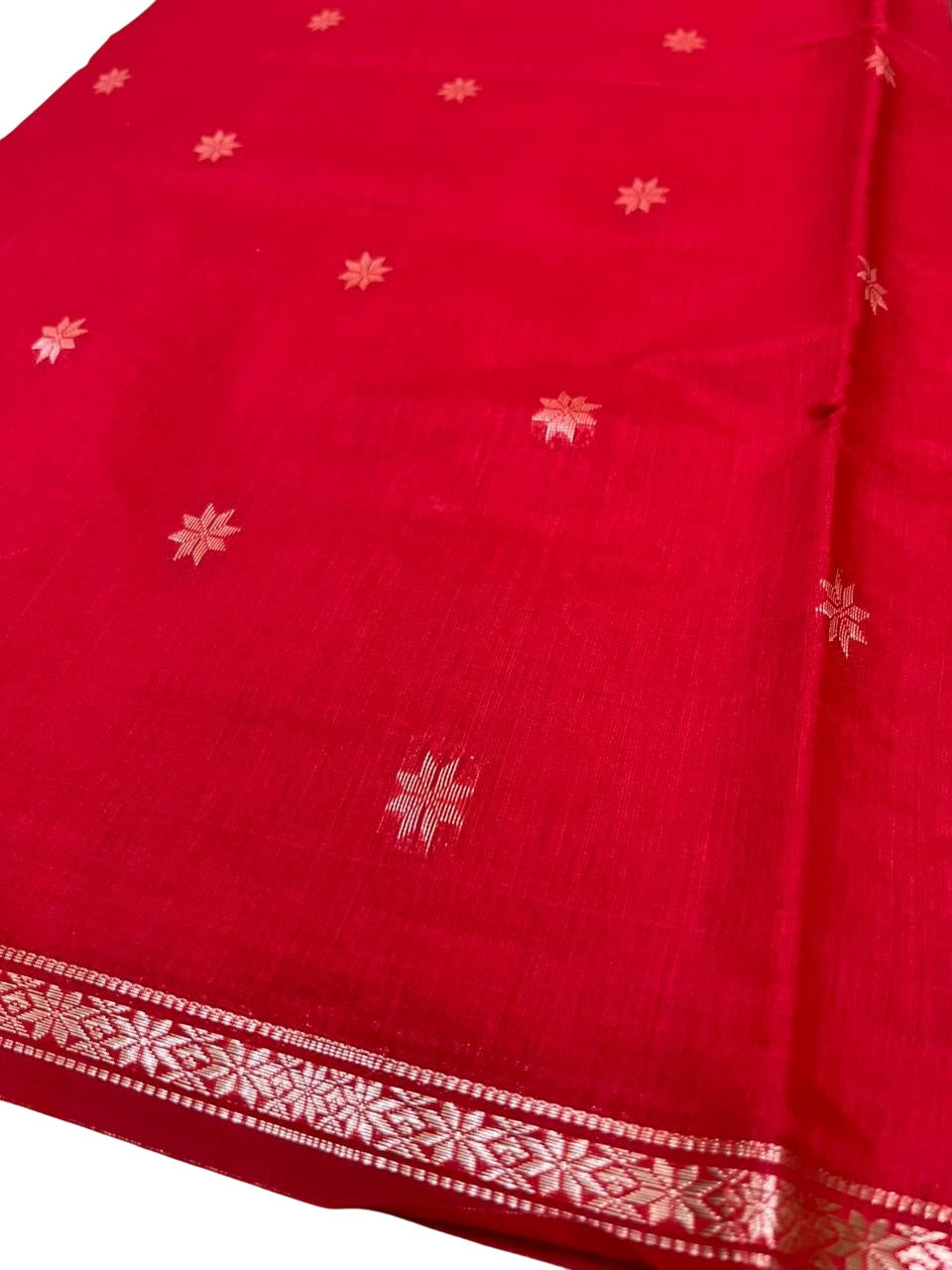 Southloom Maheshwari Cotton Saree With Woven Works on Body in Red and Green SL471