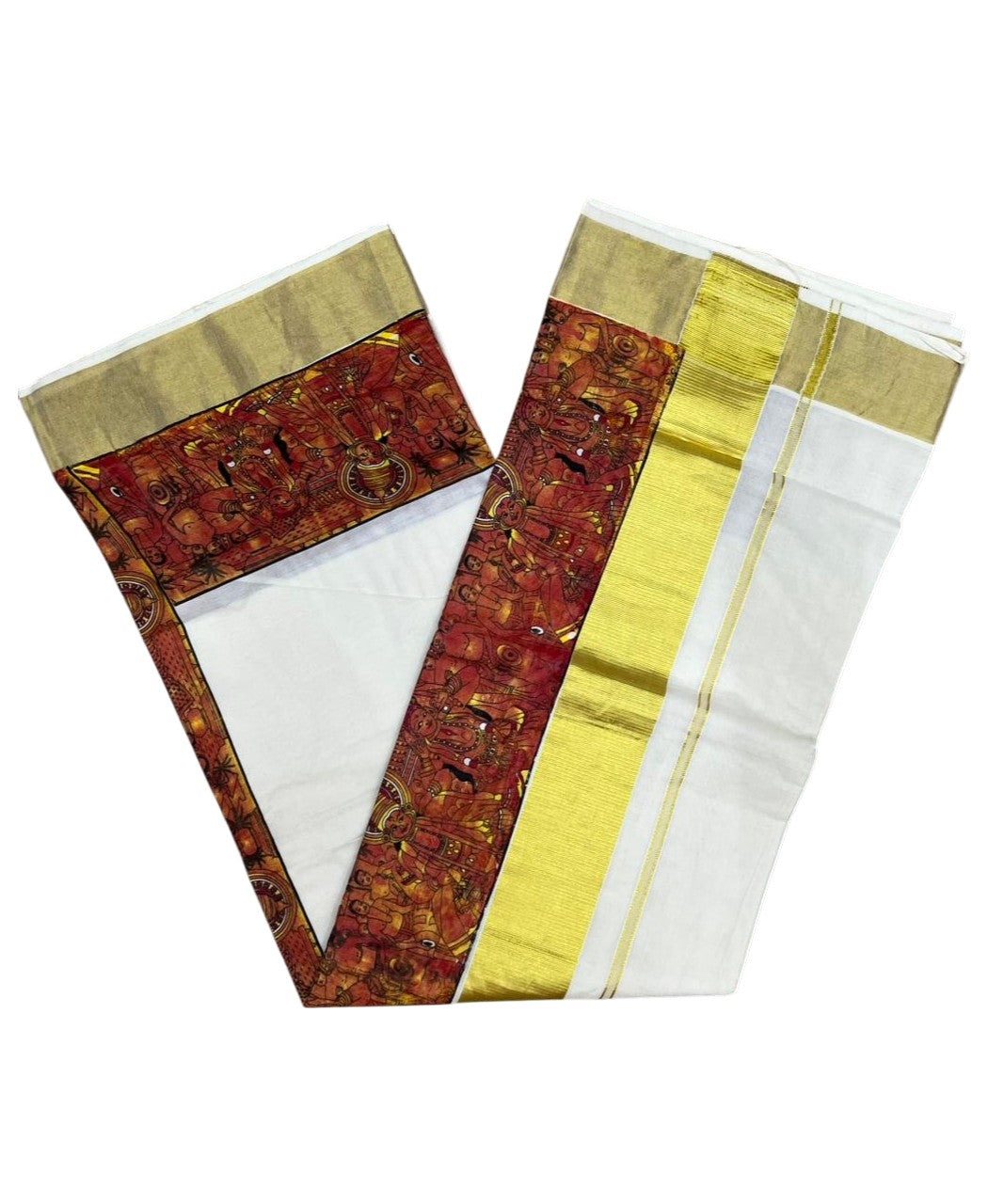Southloom Kerala Cotton Kasavu Saree with Theyyam Prints And Gold Kasavu Border SL474