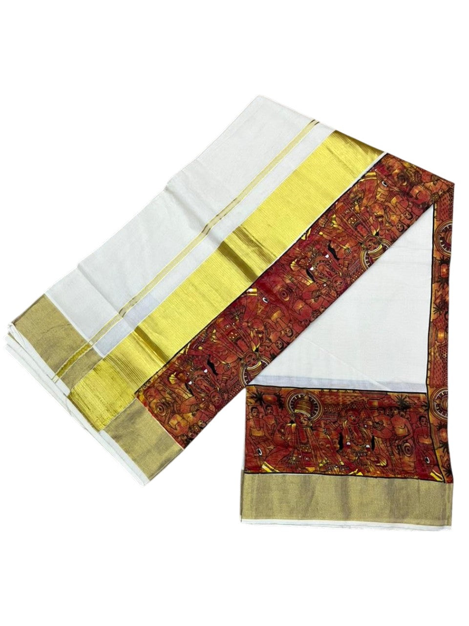 Southloom Kerala Cotton Kasavu Saree with Theyyam Prints And Gold Kasavu Border SL474