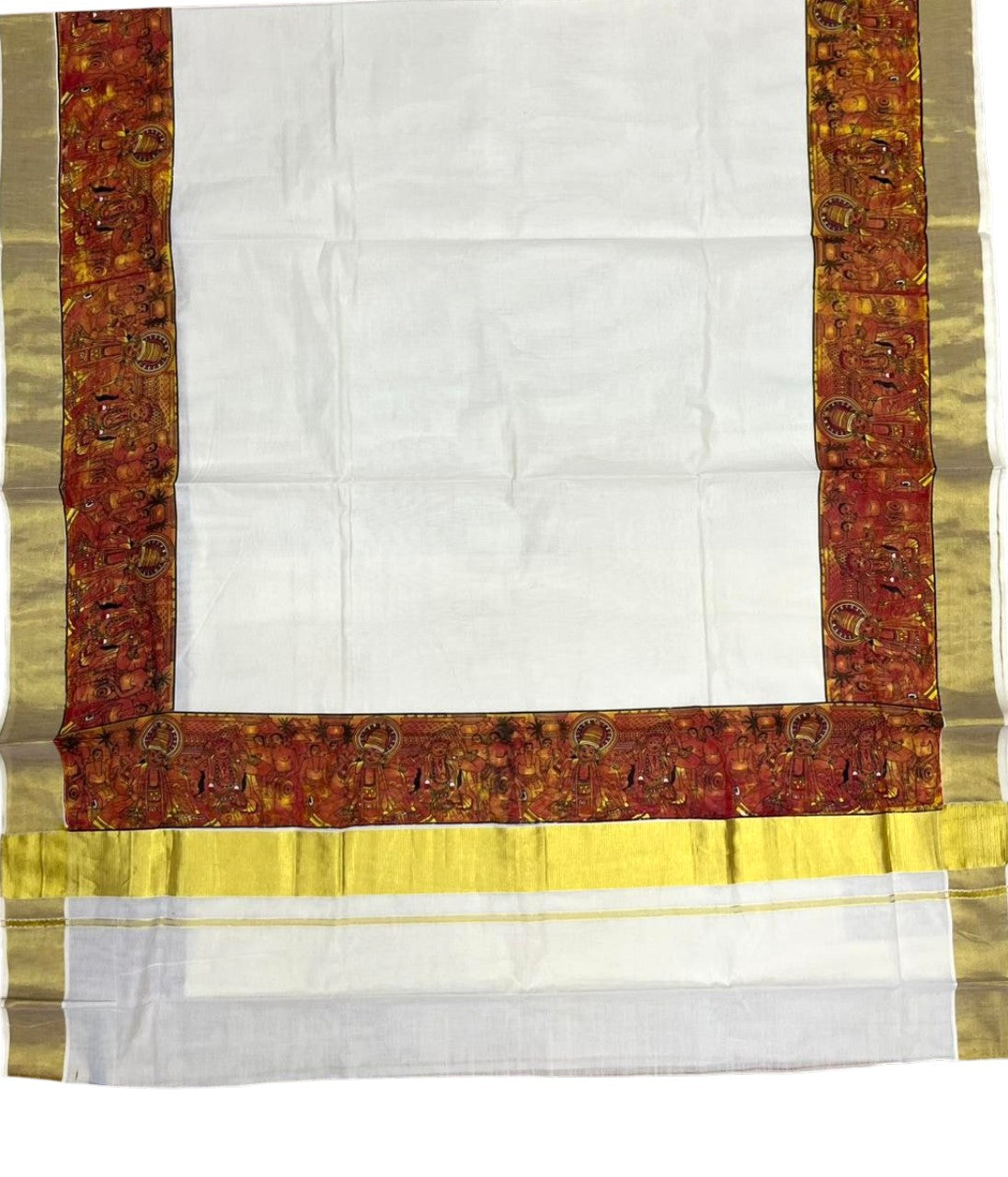 Southloom Kerala Cotton Kasavu Saree with Theyyam Prints And Gold Kasavu Border SL474