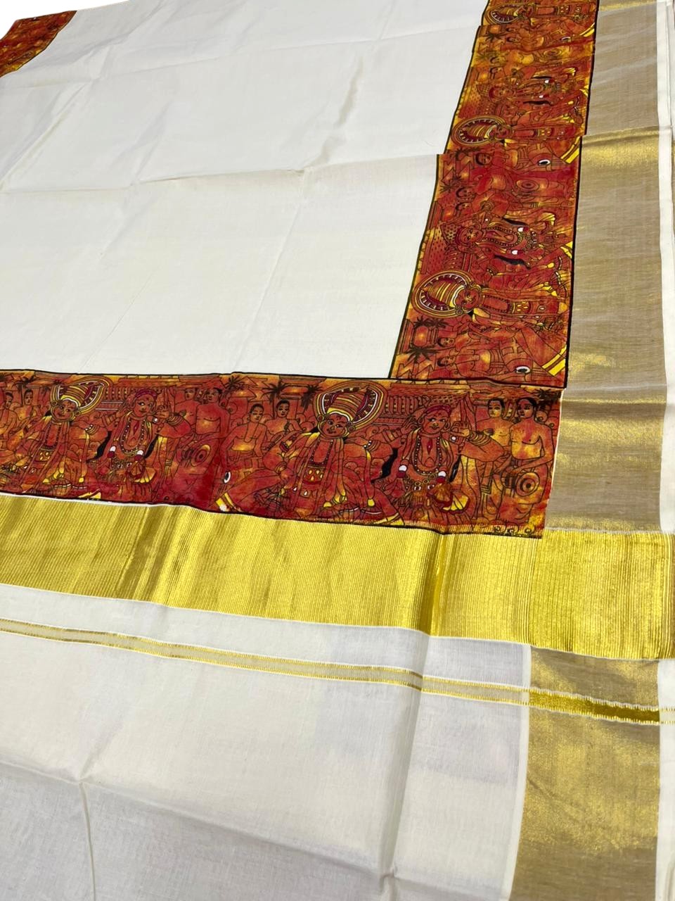 Southloom Kerala Cotton Kasavu Saree with Theyyam Prints And Gold Kasavu Border SL474