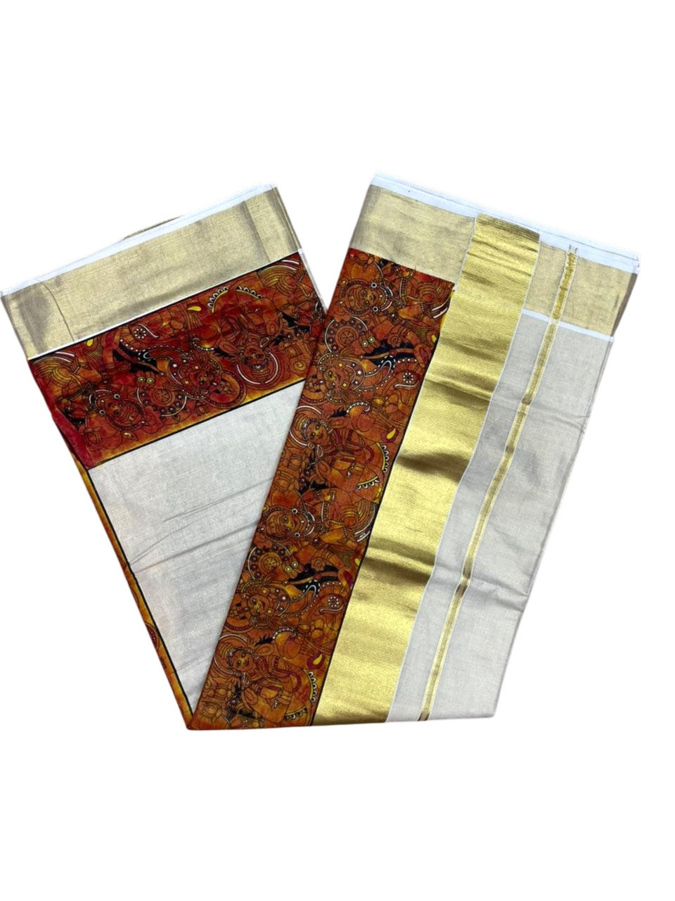 Southloom Kerala Tissue Kasavu Saree with Theyyam Prints And Gold Kasavu Border SL474