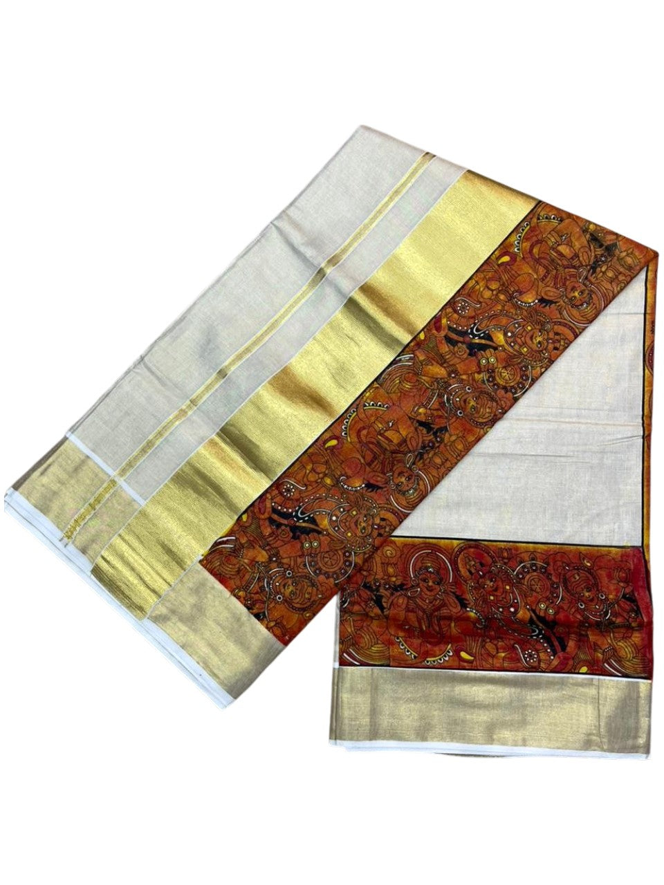 Southloom Kerala Tissue Kasavu Saree with Theyyam Prints And Gold Kasavu Border SL474