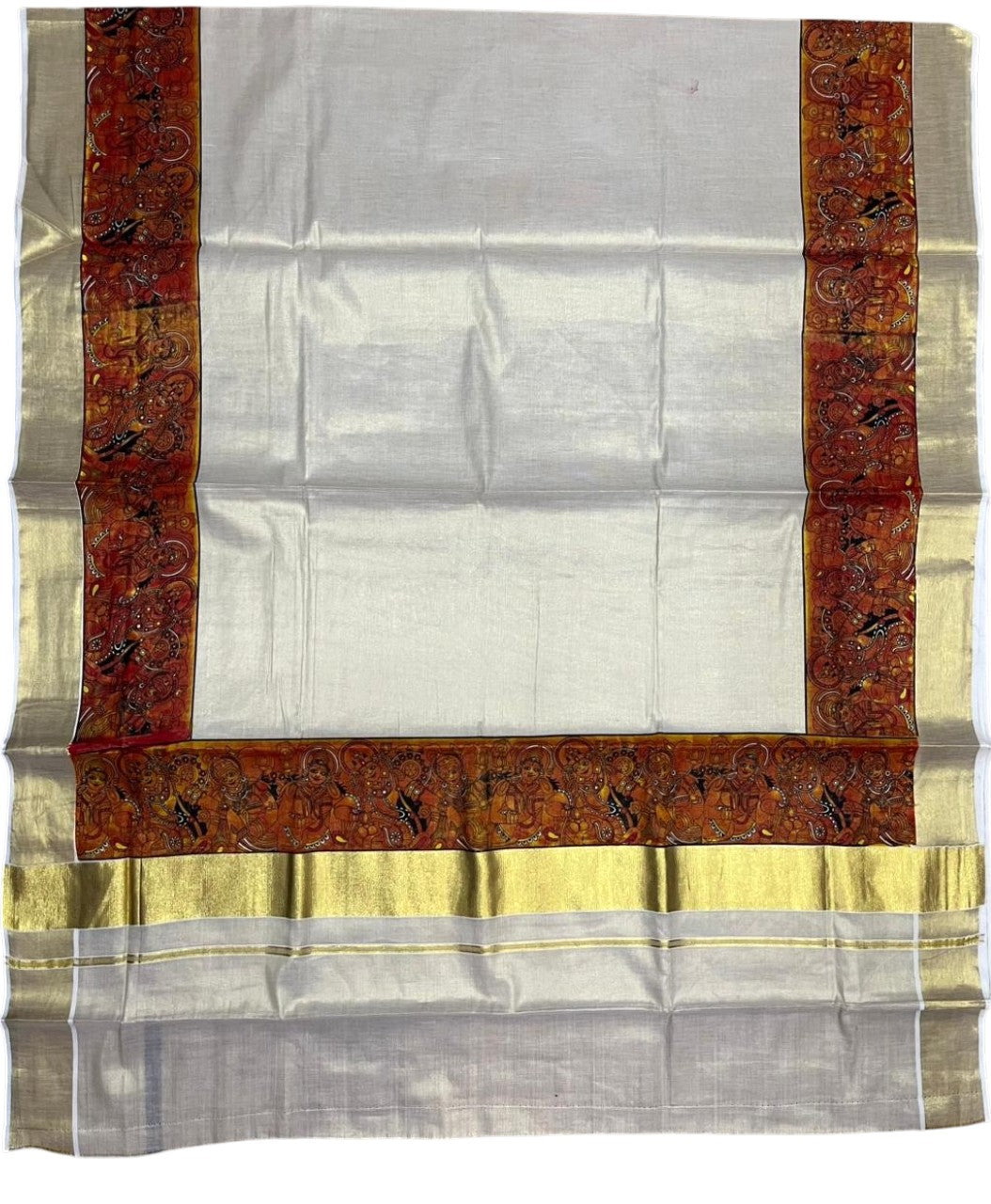 Southloom Kerala Tissue Kasavu Saree with Theyyam Prints And Gold Kasavu Border SL474