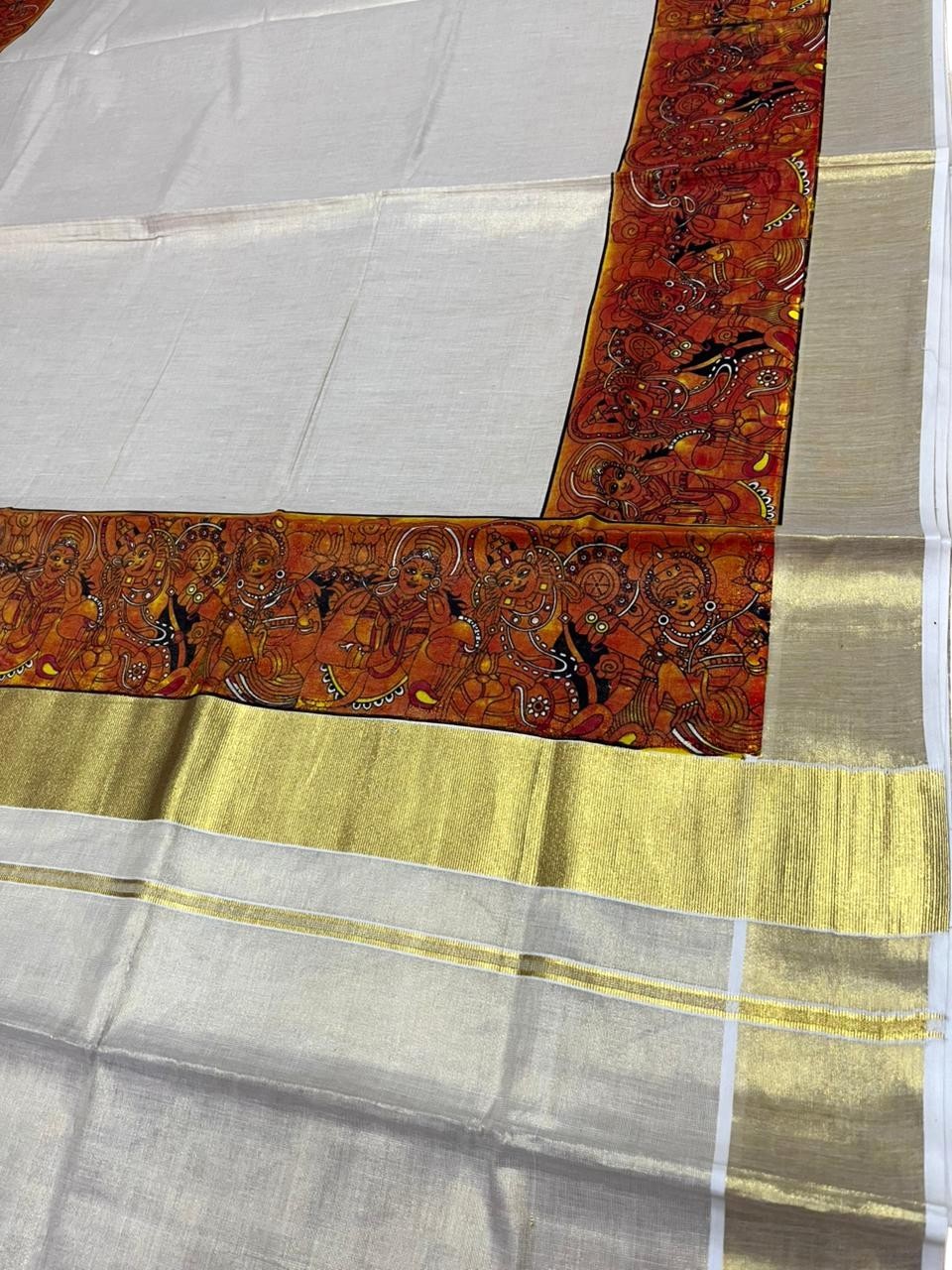 Southloom Kerala Tissue Kasavu Saree with Theyyam Prints And Gold Kasavu Border SL474