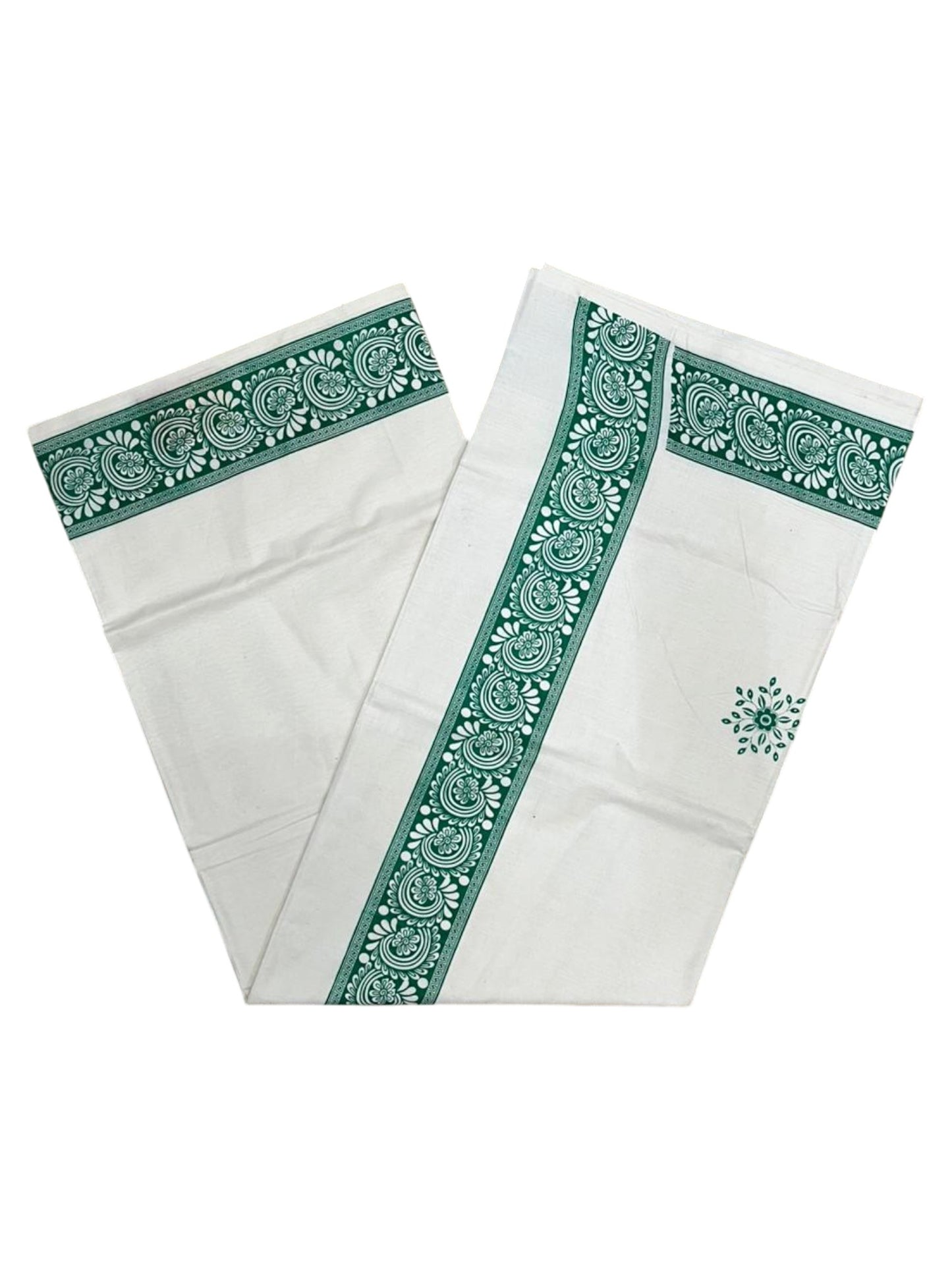 Southloom Kerala Cotton Saree with With Floral Digital Prints on Body and Borders in Green SL475
